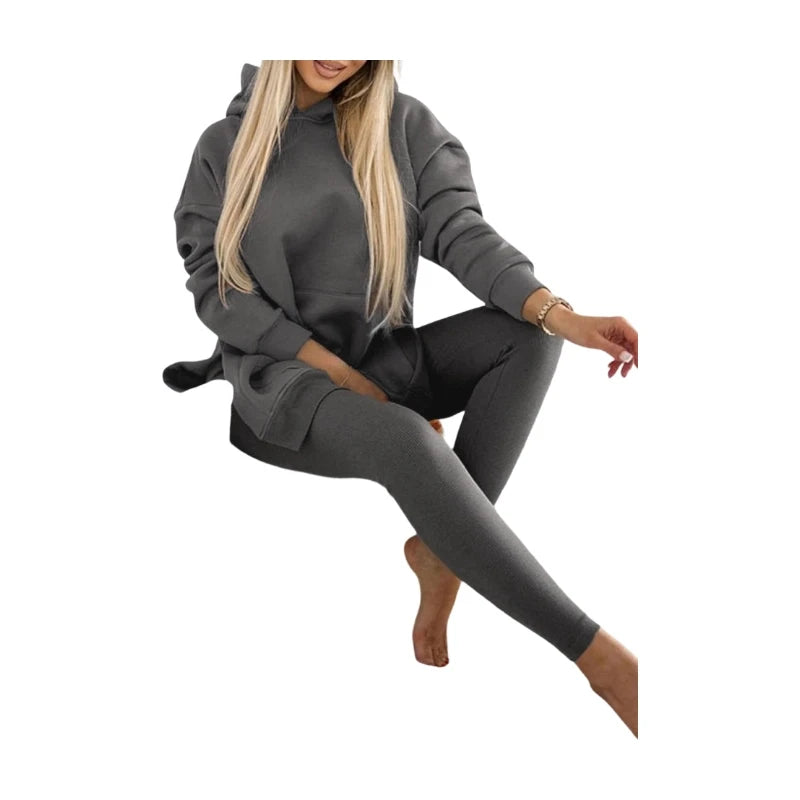 Women's Hooded Pocket Top And Leggings Set For Casual Wear