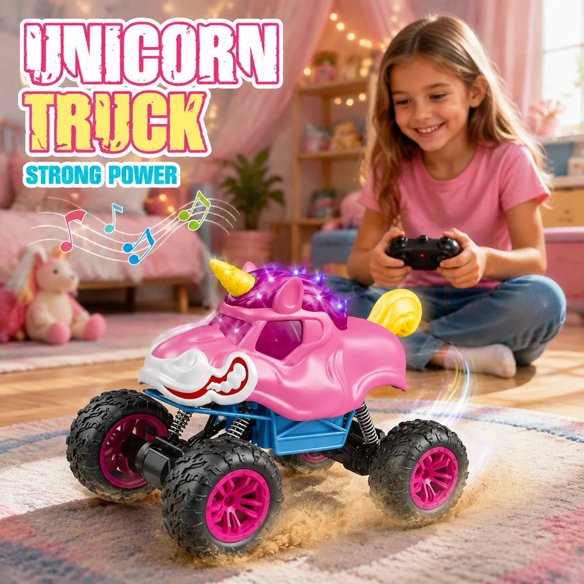 Unicorn RC Monster Truck 2.4GHz Remote Control Stunt Car with LED Lights Music 360° Rotation Off Road Vehicle Kids Birthday Gift