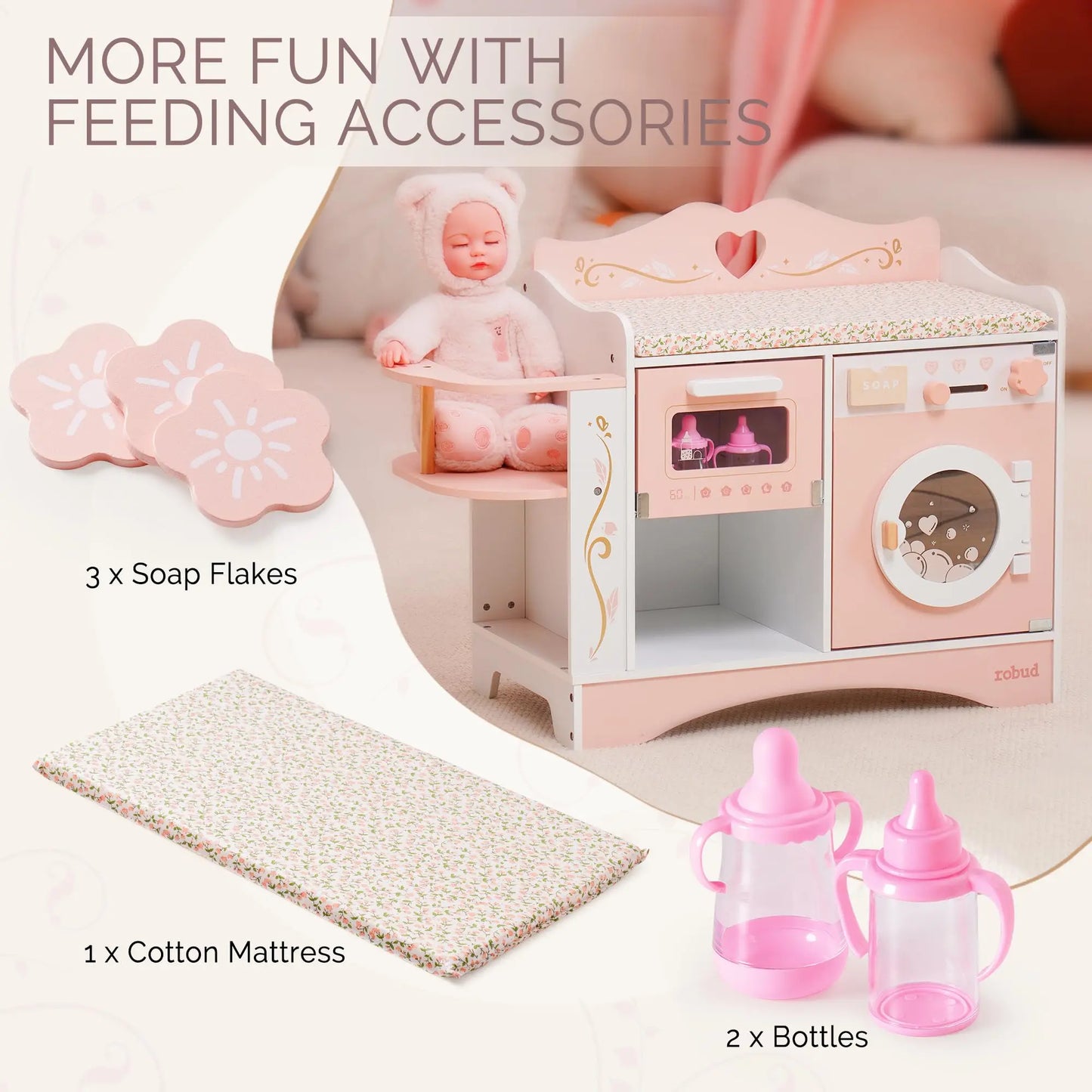 ROBUD Baby Doll Crib Pink Pretend Play Set Wooden Doll Changing Station with Seat Toy Crib Ideal Birthday Gift for Kids Age 3+