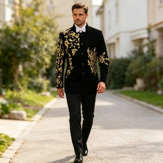 Men's Velvet Blazer With Floral Embroidery For Weddings And Parties