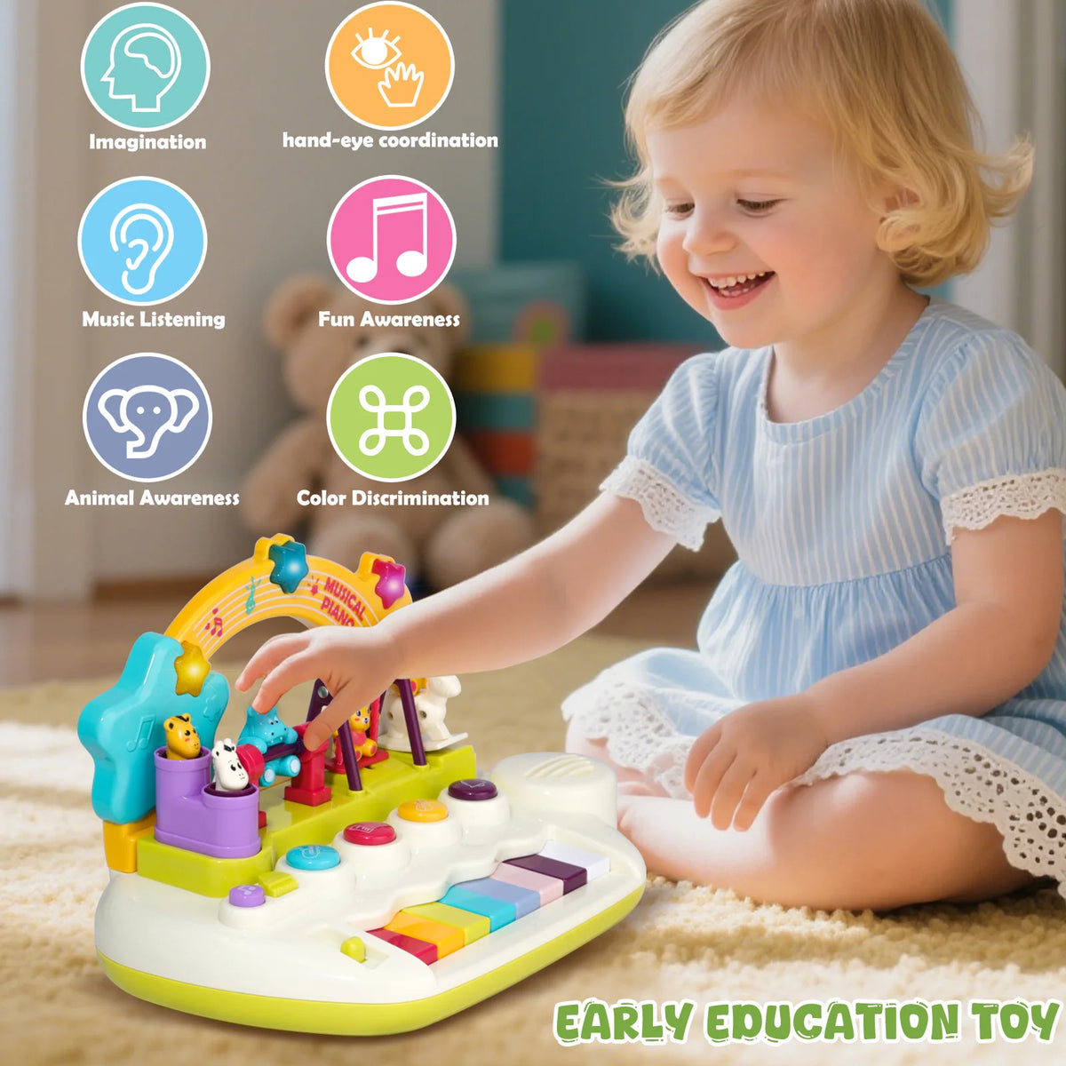 aby Piano Toys for 1+ Years Old Birthday Gifts Animal Light Up Musical Toy Music Toy Instruments Piano Keyboard Toy for Toddlers Infant Learning Educational Interactive Toys 3+ Months