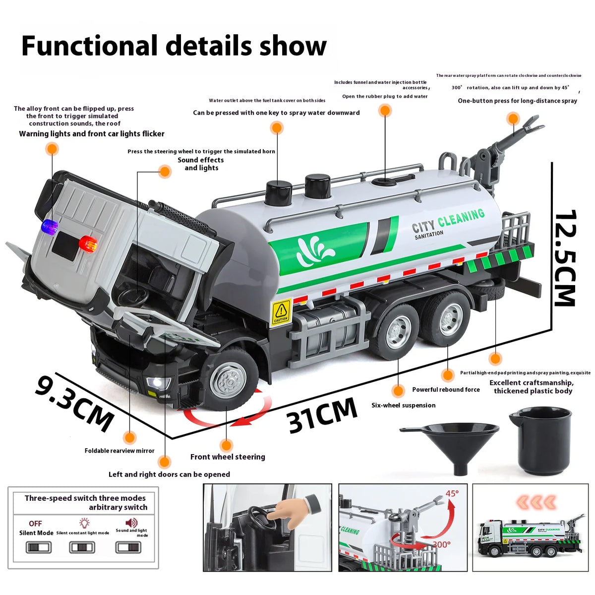 Diecast City Sprinkler Truck Toy With Sound And Lights