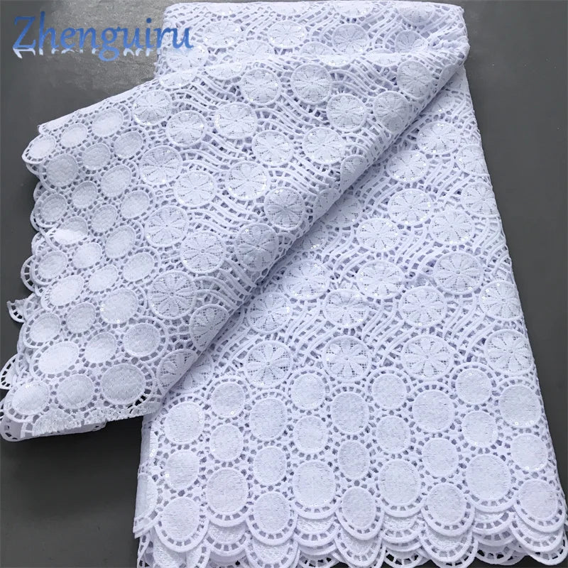 Pure White Nigerian Guipure Lace Fabric Water Soluble African Sequin Cord