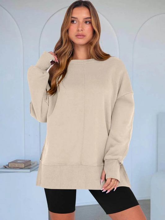 Womens Crew Neck Drop Shoulder Side Slit Casual Pullover Sweatshirt