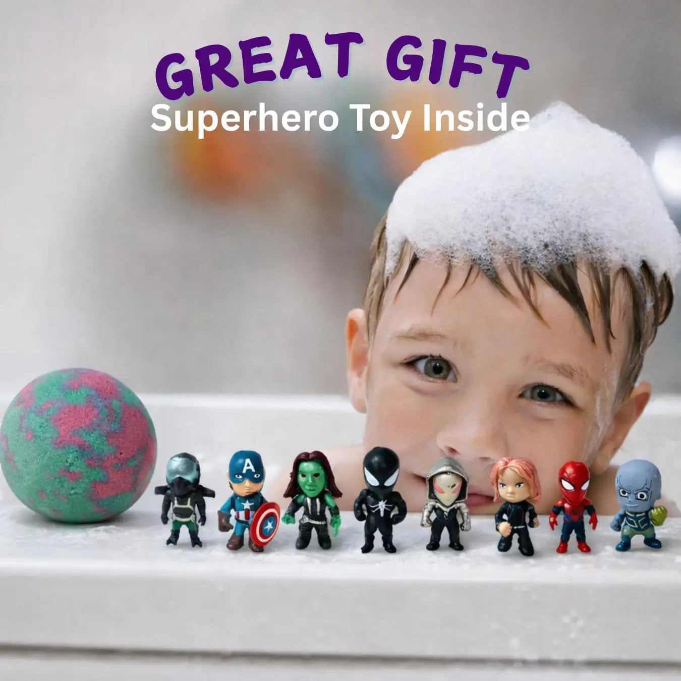 Superhero Bath Bombs for Kids, 6 Pack Organic Bathbomb with Surprise Toy Inside, Epic Fizz Fun Gift for Boys Girls