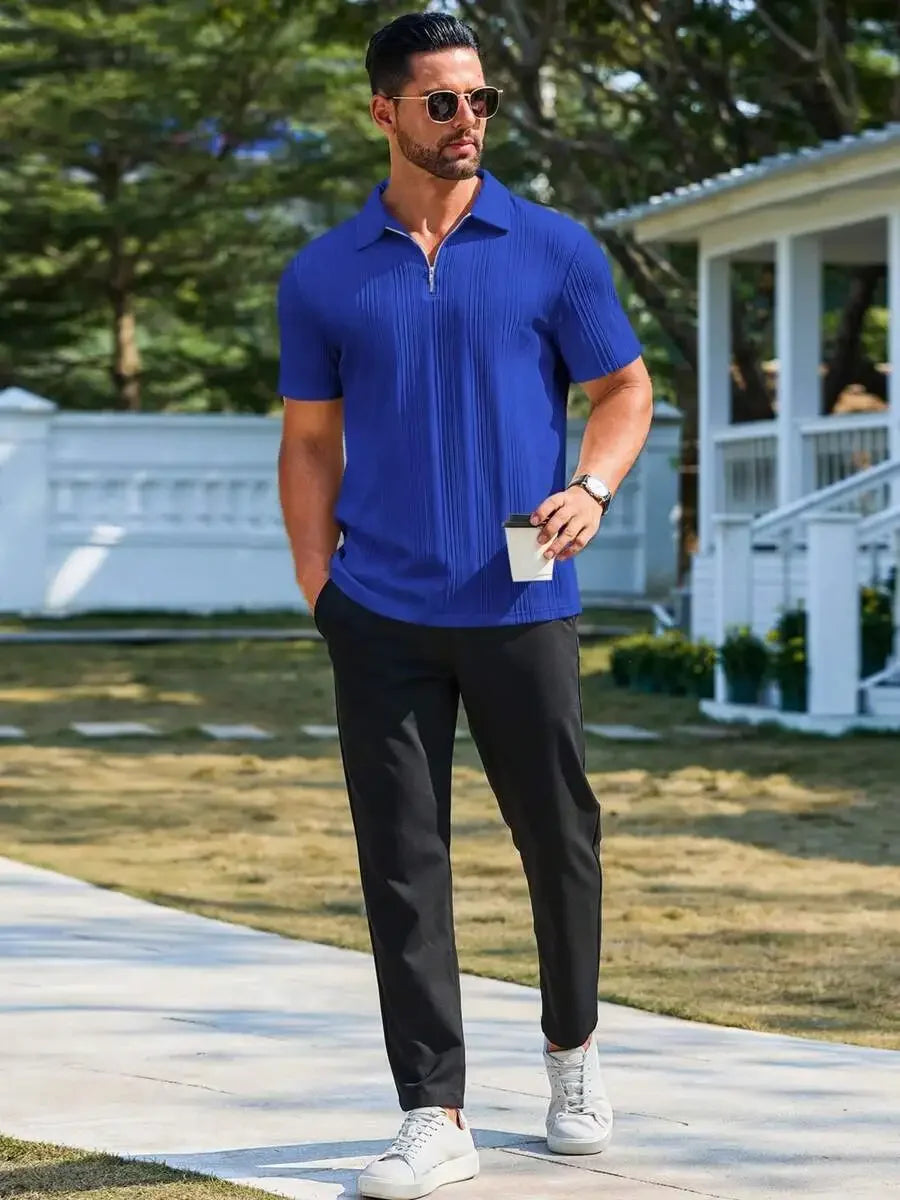 Mens Quarter Zip Shirt Knit Textured Short Sleeve Casual Lightweight Golf Top
