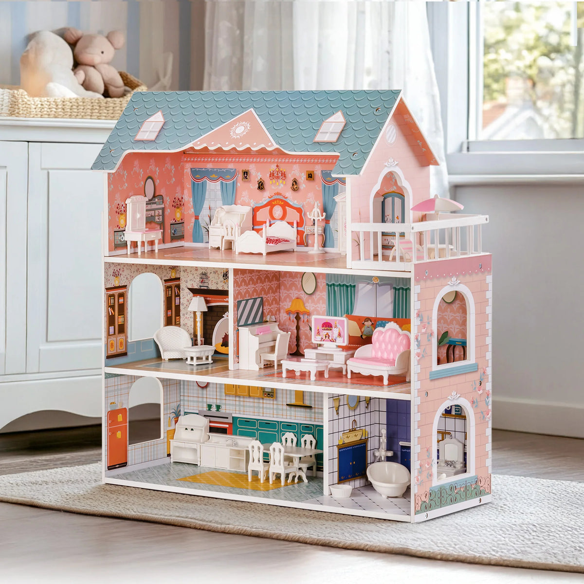 ROBUD Wooden Dollhouse 3 Story 6 Room with 31PCS Furniture Set, Kids Pretend Play Doll House Toy, Miniature House Gift for Girls Boys Age 3+
