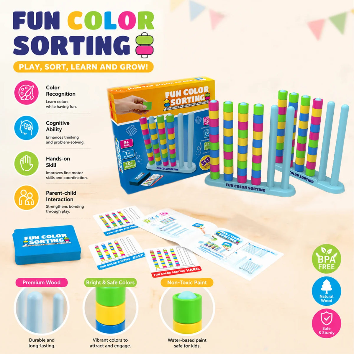 Color Stack Challenge Game 2 Pack with 50 Cards & 80 Color Rings Creative Matching Puzzle Game DIY Craft Activity Toy Gift